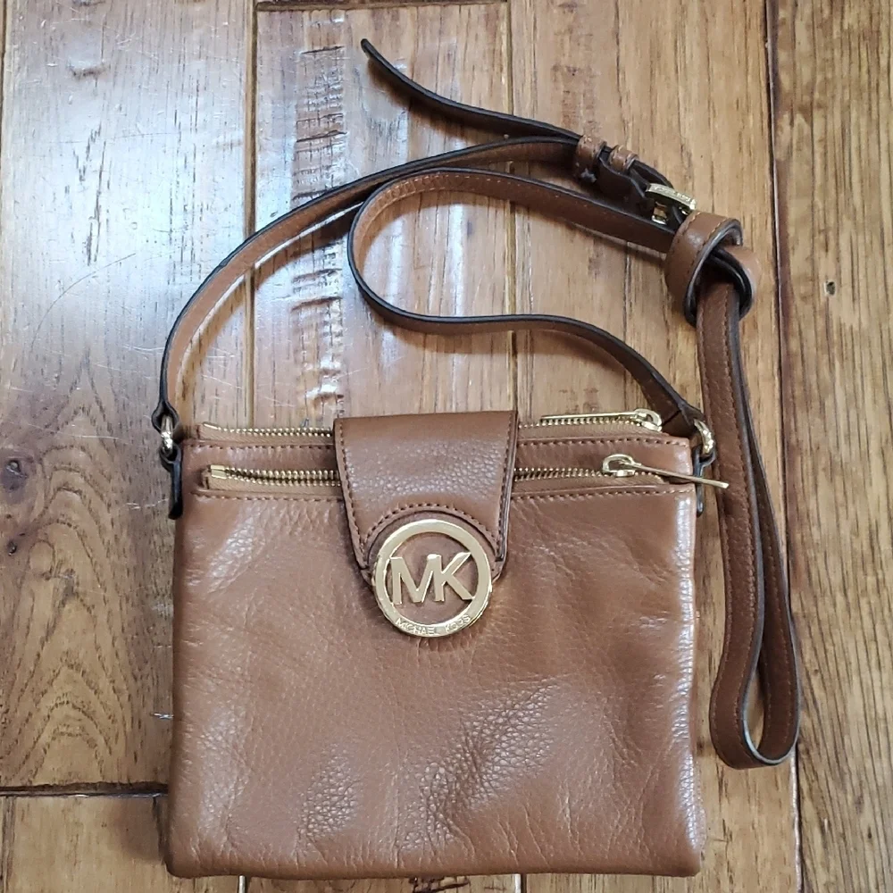 Michael Kors Fulton Double Zip Tan Leather Crossbody Bag